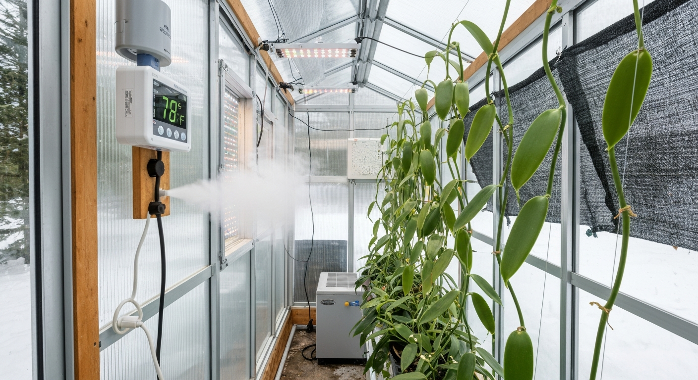 Heated greenhouse in winter with vanilla vines, humidifier fog, and a thermostat reading 78°F.