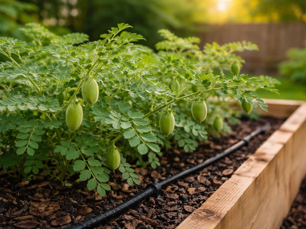 Close-up of chickpea plants growing in a mulched raised bed with drip irrigation in warm Georgia garden light.