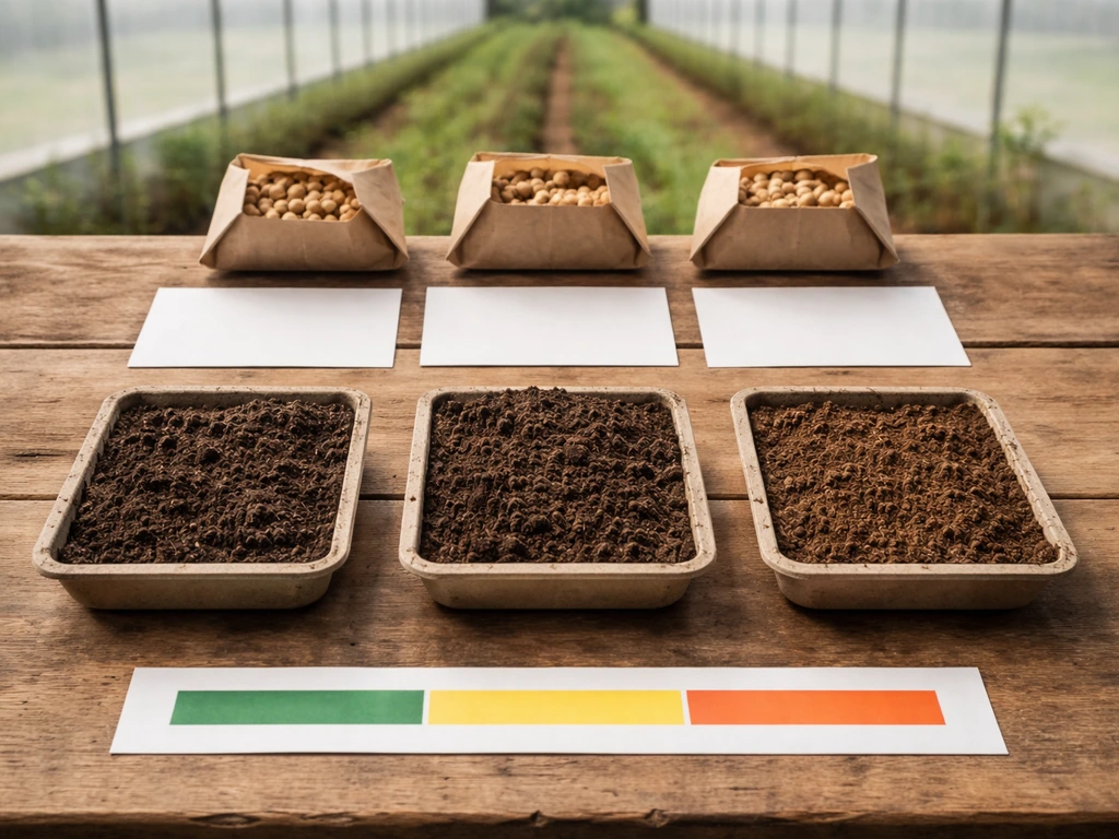 Minimal farm desk with seed packets and three color-block timeline bars suggesting chickpea growing windows.