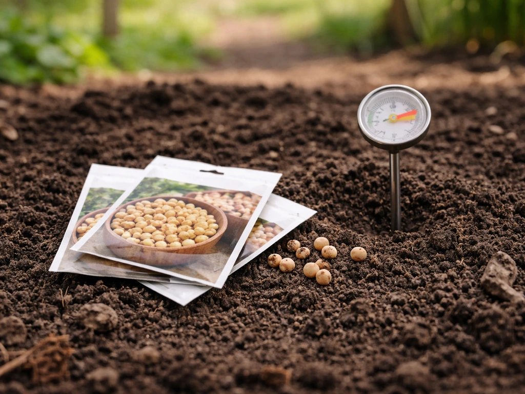 A simple garden bed with bare soil and a small thermometer near seed packets, suggesting planting timing.