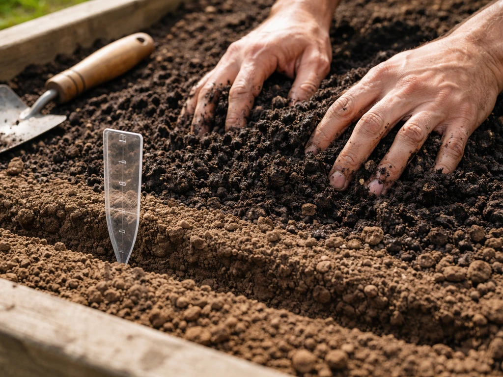 Hands mixing compost into well-drained soil with a tool indicating chickpea planting depth and spacing in rows.