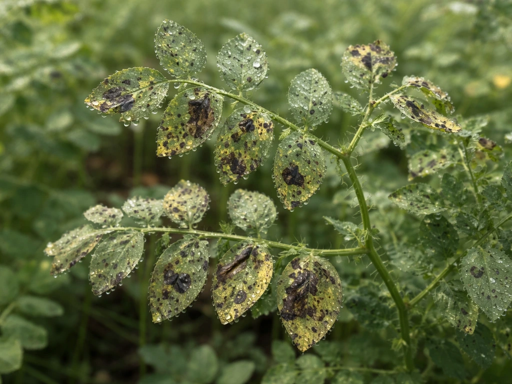 Chickpea leaves with dark Ascochyta-like spots and tiny water droplets after humid rain or dew.