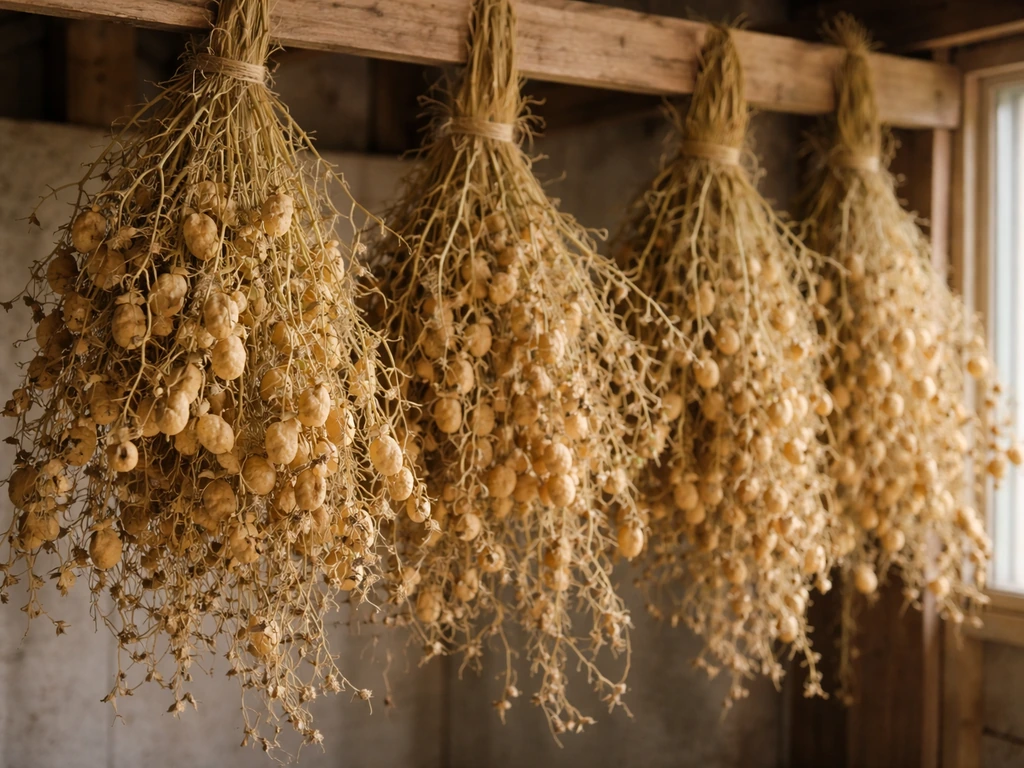 Chickpea plants hung upside down in a dry shed, with golden pods ready for threshing.