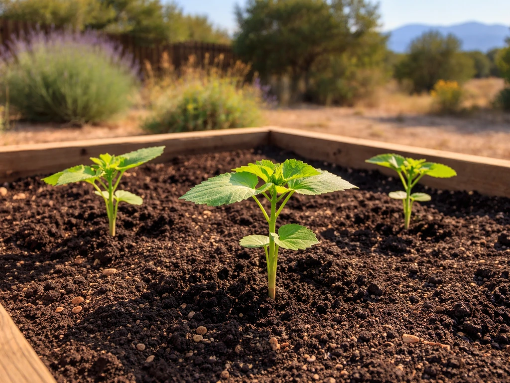 Small okra seedlings growing in a sunny Colorado garden bed.