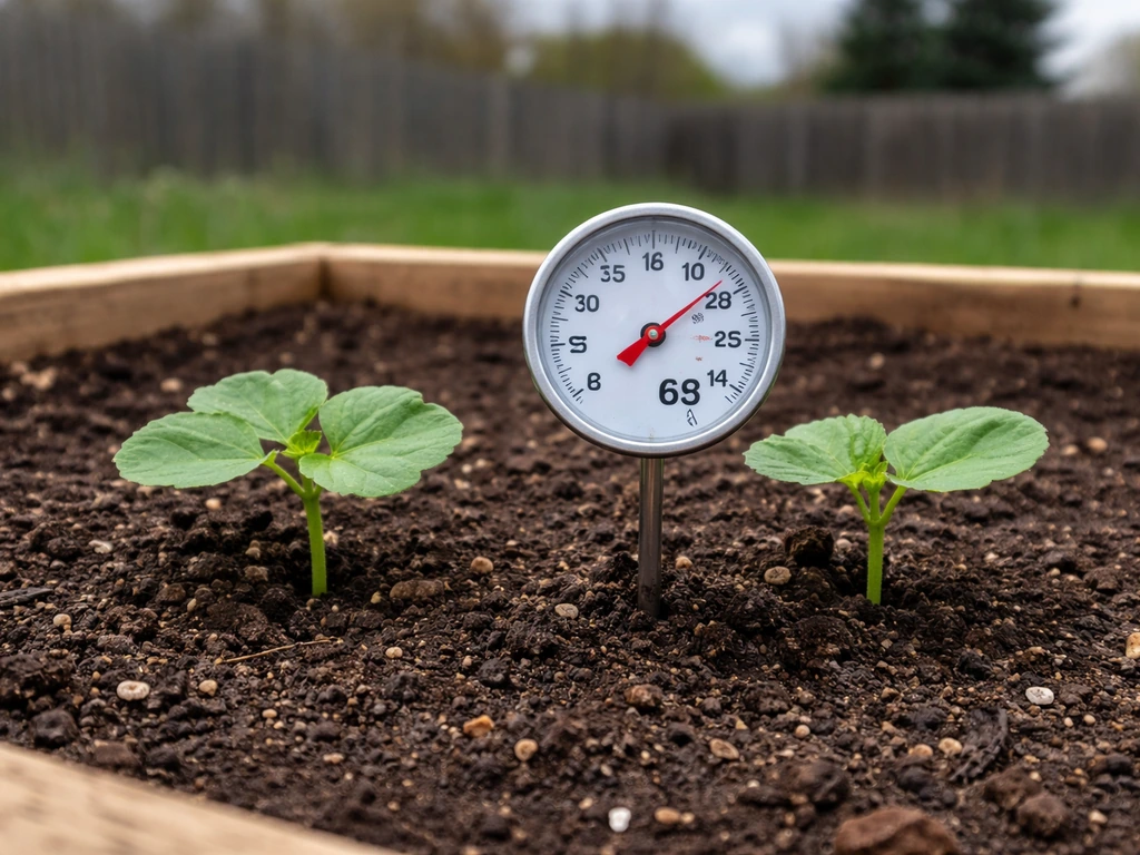 Okra seedlings in a garden bed with a soil thermometer reading above 65°F in natural light.