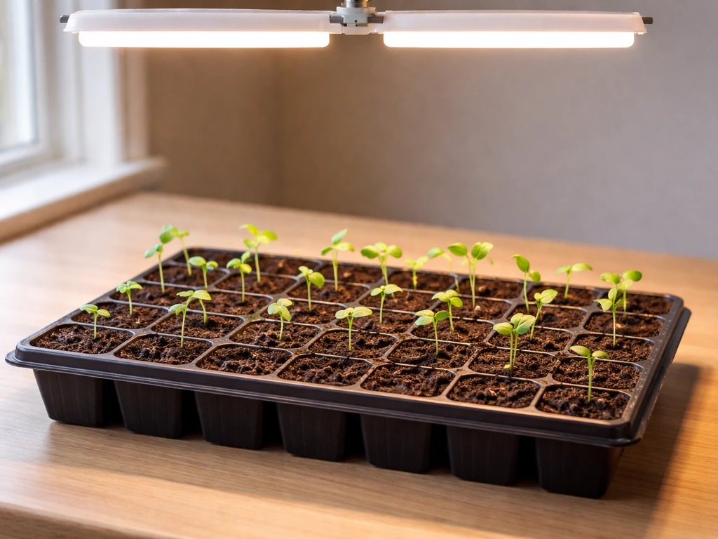 Seed-start tray with tiny okra seedlings under grow lights on a kitchen table