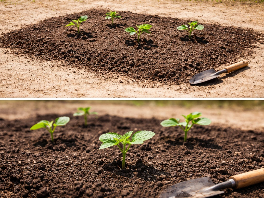 Sunlit okra seedlings in a freshly prepared dark soil bed with clear direct light and no shade.