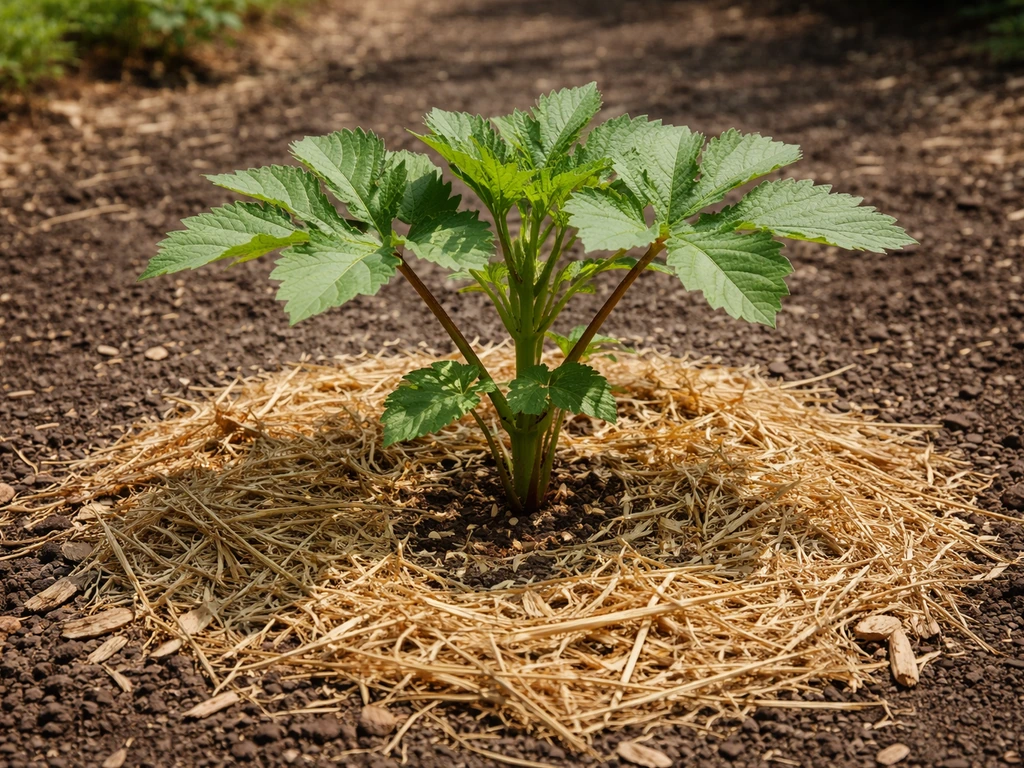 Okra plant with a 3–4 inch straw and wood chip mulch layer around the base