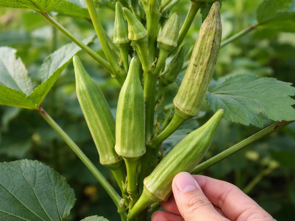 Close-up of okra pods at picking size on the plant, with a nearby overripe-looking pod.