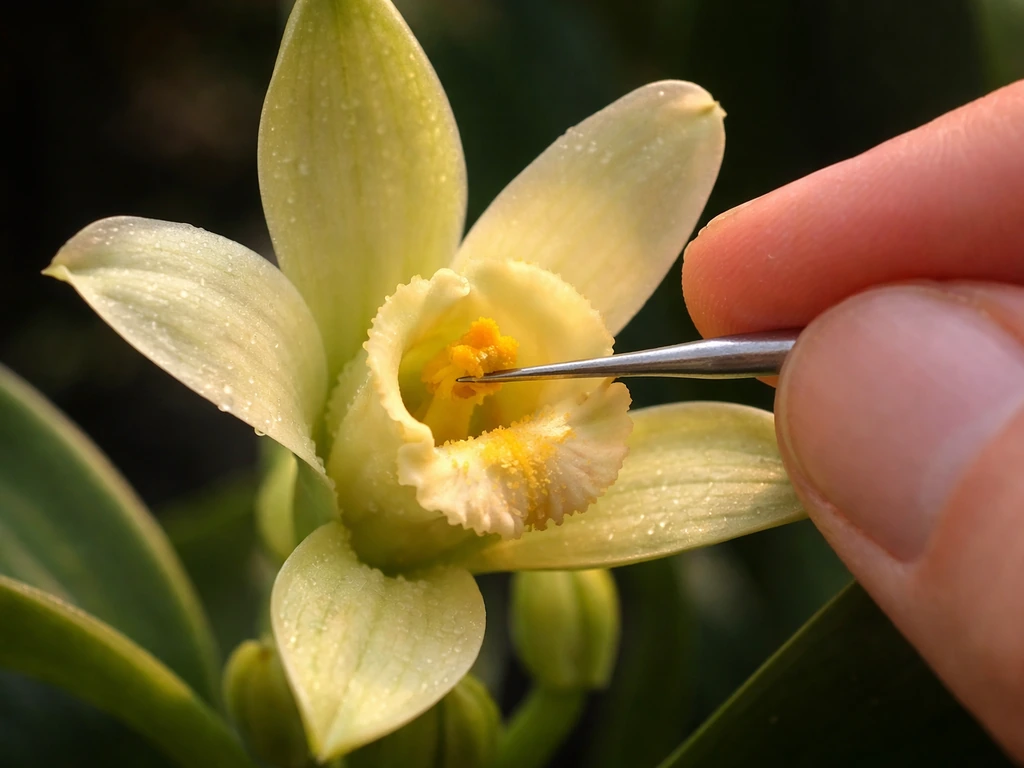 Macro of a vanilla orchid flower being hand-pollinated with a small tool and fingertip.