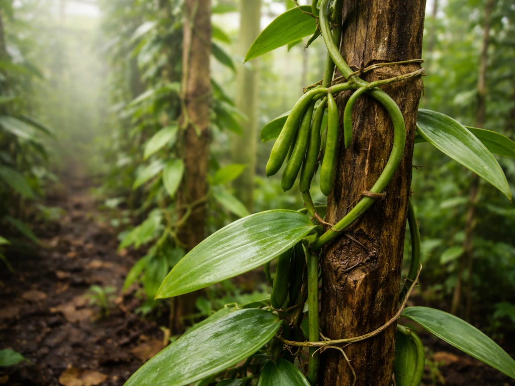 Shaded humid greenhouse showing vanilla orchid vines with green pods in the background.