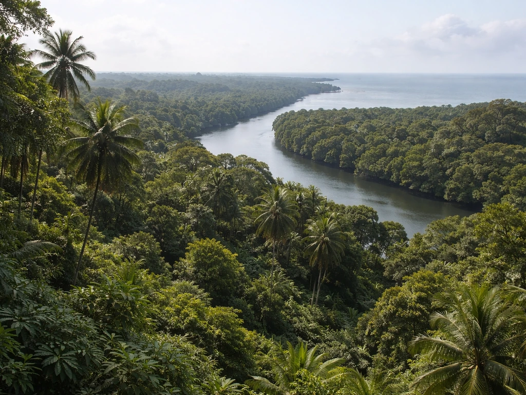 Lush humid southern rainforest and mangroves along Nigeria’s coastal belt, misty horizon, no text.