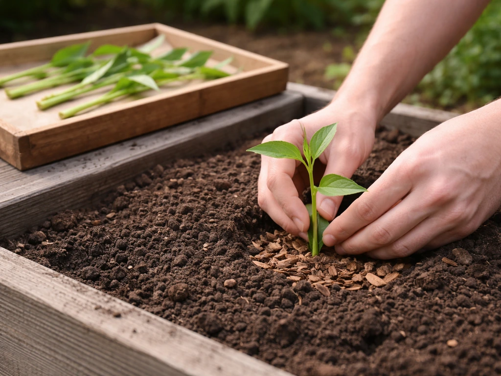 Hands setting a cutting into a prepared soil hole, mulch around it, with a shaded drying rack nearby.