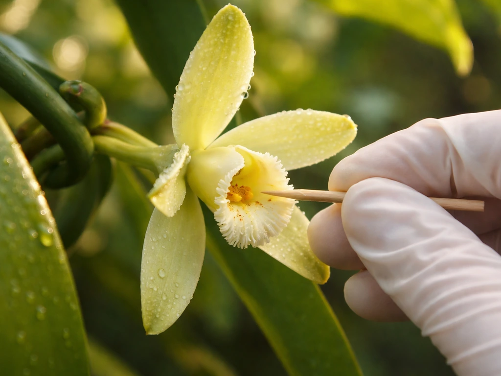Close-up of a vanilla orchid bloom as a tool gently opens the labellum and pollinia are applied