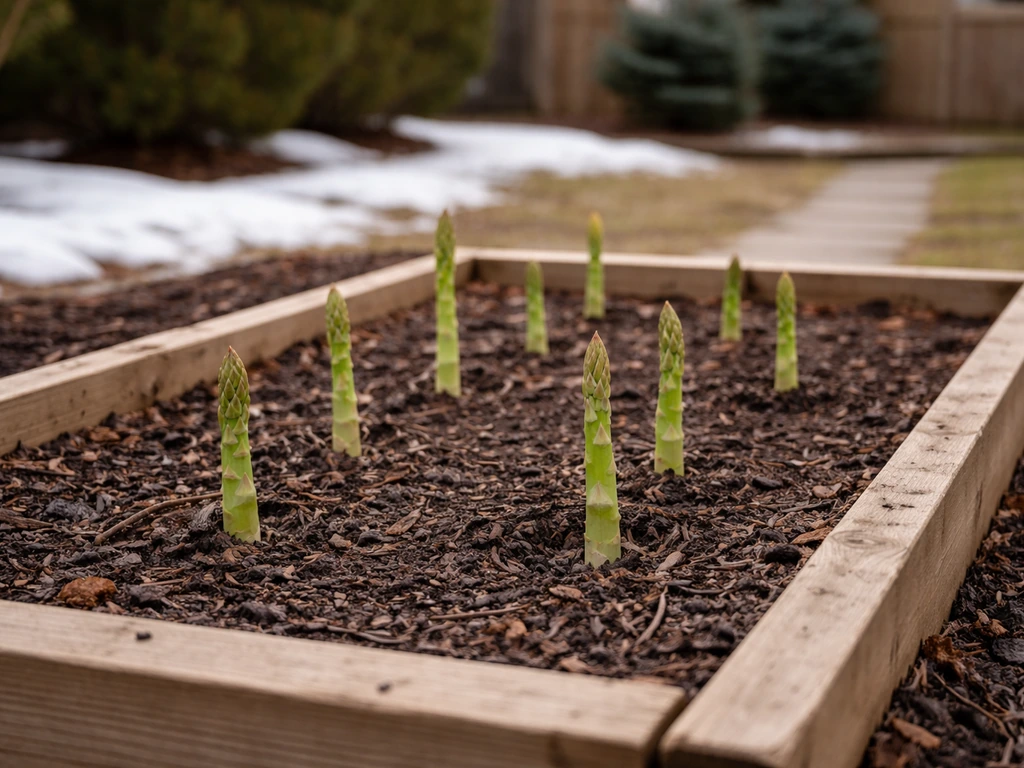 Fresh asparagus spears emerging in a Canadian backyard garden as snow melts and mulch warms the soil.