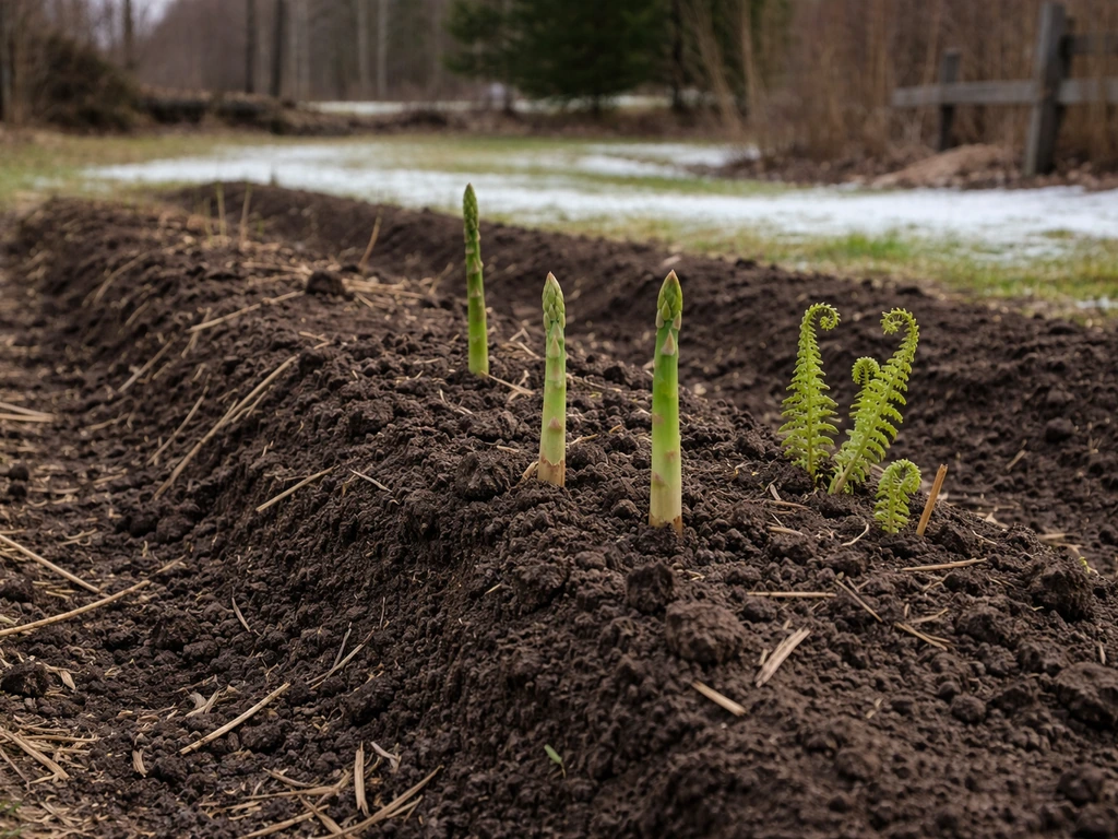 Early spring asparagus spears emerging from a Canadian garden bed after cold weather.