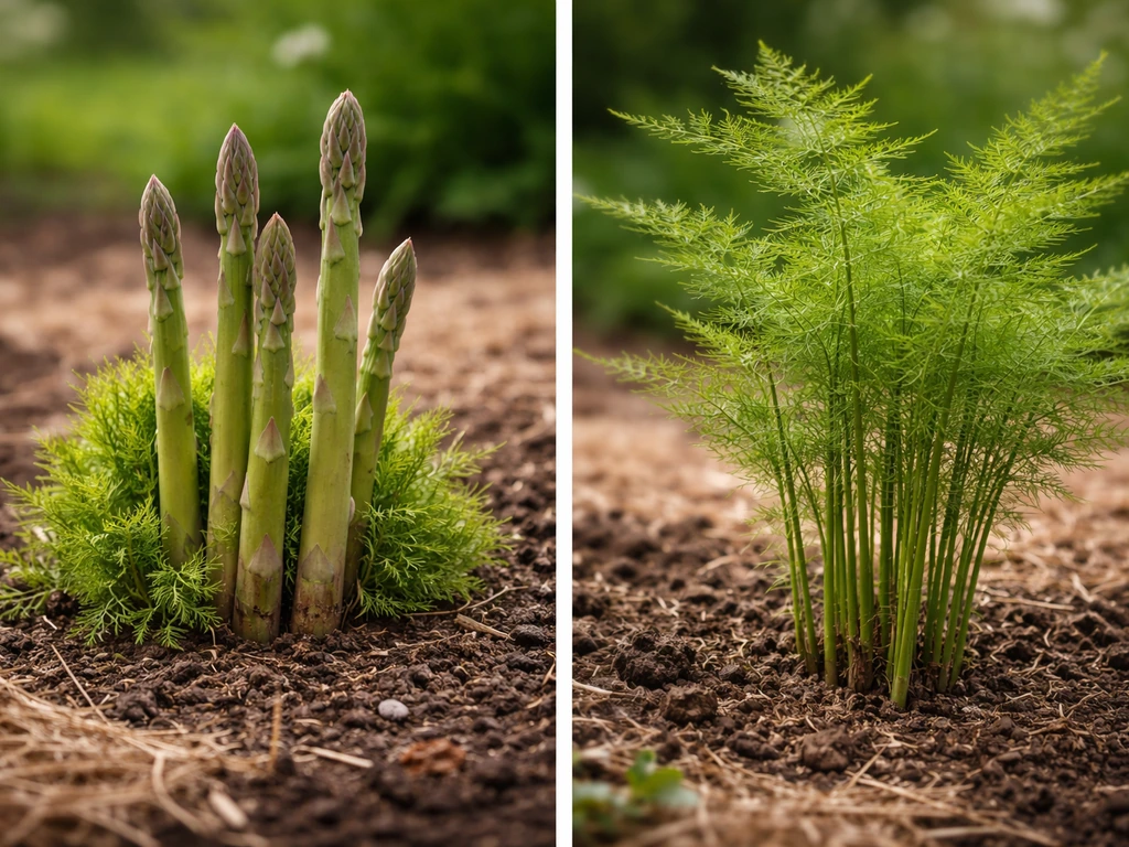 Close-up of two asparagus plants showing spear and fern growth in a simple garden bed