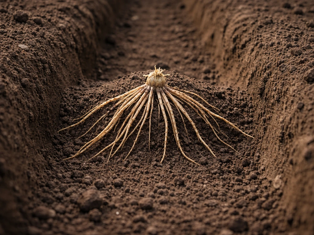 Close-up of asparagus crown on a soil ridge in an open trench, roots fanned for planting depth