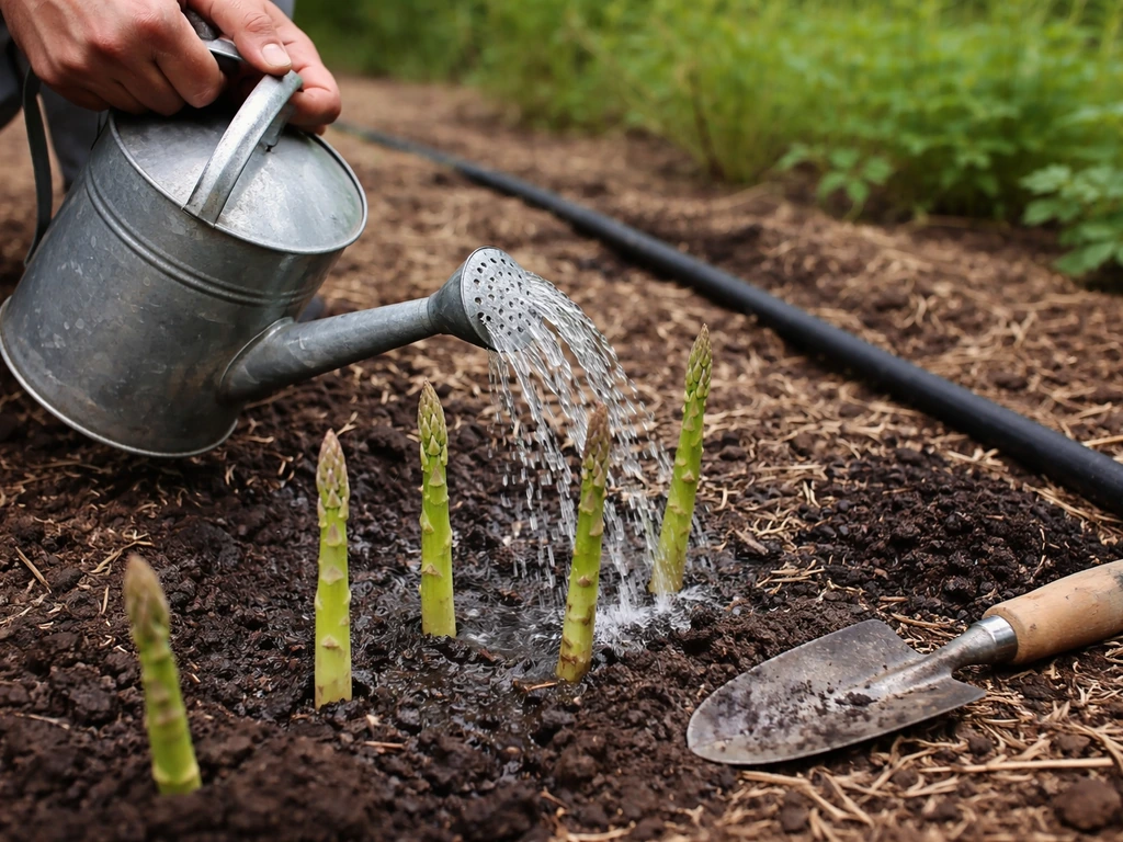 Anonymous hands watering young asparagus with a watering can and nearby compost top-dressing.