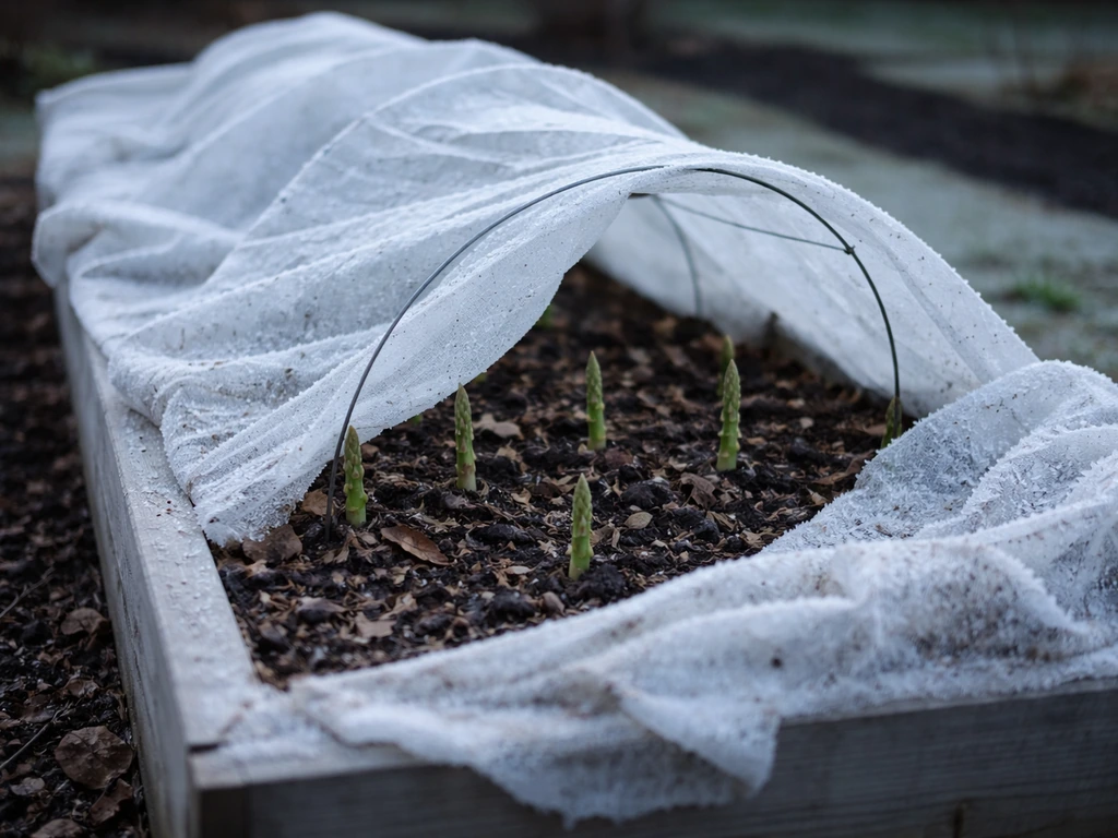 Raised asparagus spears covered with a row cover during a cold spring frost night