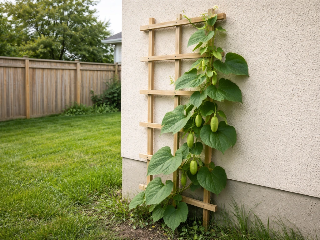 Chayote vine climbing a wooden trellis beside a south-facing wall in a fenced Canadian yard.