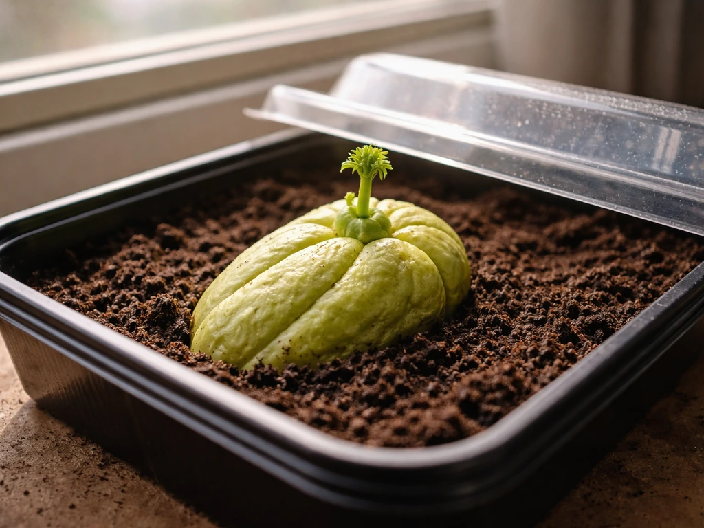 Warm indoor setup sprouting a whole chayote fruit in a container near a window, with a small shoot growing.