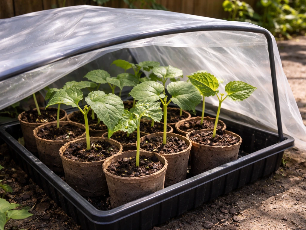 Chayote seedlings in pots outdoors under a light protective cover, beginning hardening off in sun.