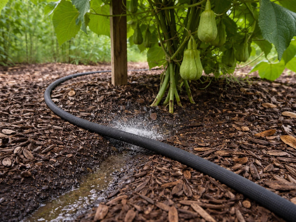 Soaker hose watering a mulched chayote plant base, with damp soil moisture cues visible.