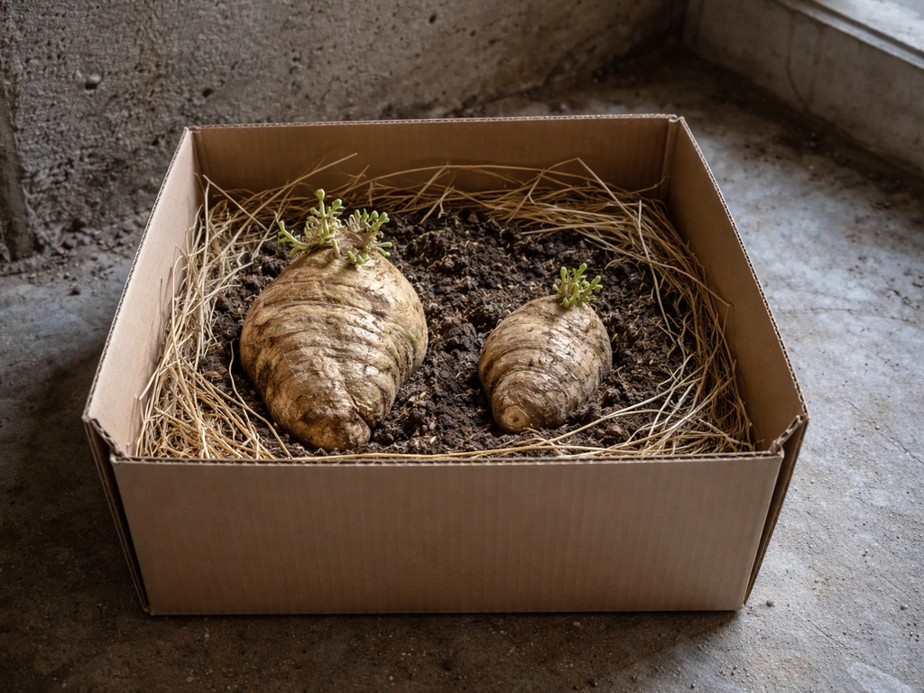 Chayote tuber roots stored in a straw-lined insulated box in a cool basement, ready for next season.