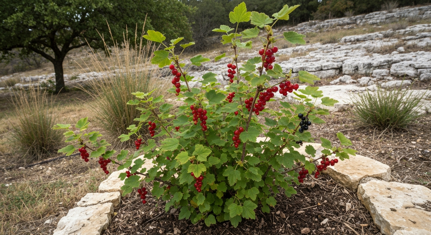 Currant bush with ripe berries in a Texas garden, illustrating a successful Ribes planting in a cooler Texas microclimate.