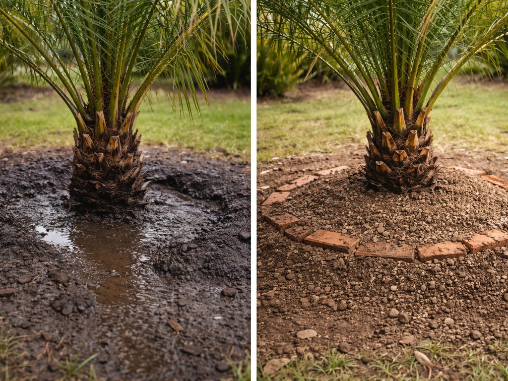 Date palm base in wet, poorly drained soil contrasted with raised, well-drained planting soil
