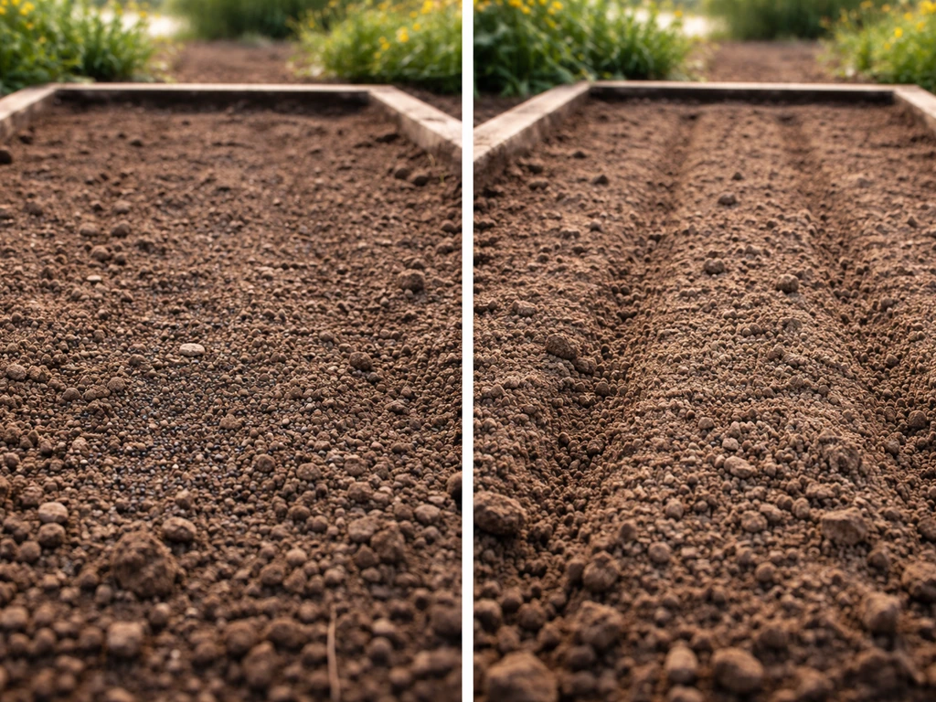 Split garden bed: exposed corn poppy seeds on the left, lightly covered seeds on the right.