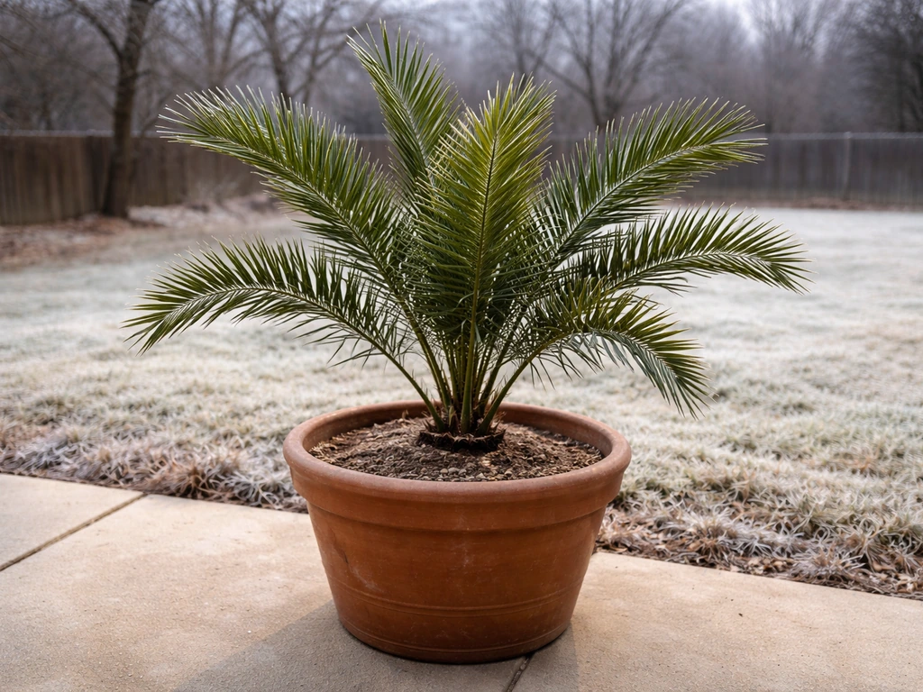 Cold-hardy date palm in a large container on an Oklahoma patio in winter light