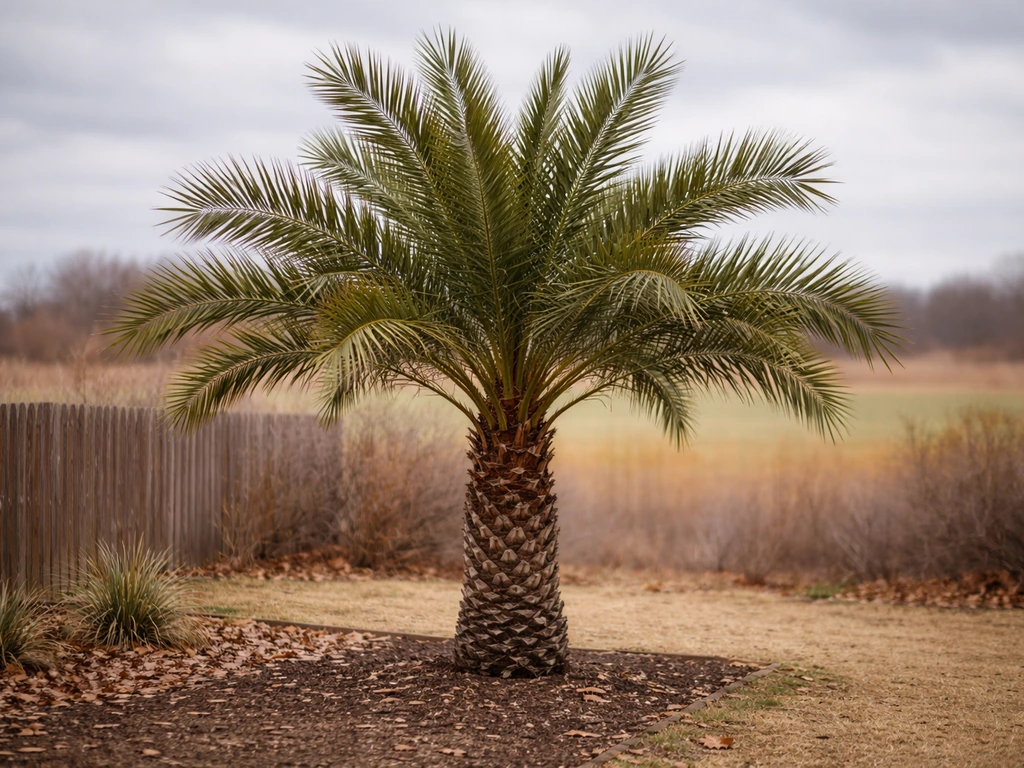Minimal photo of a date palm in a small yard with a subtle, color-free sense of climate zoning background