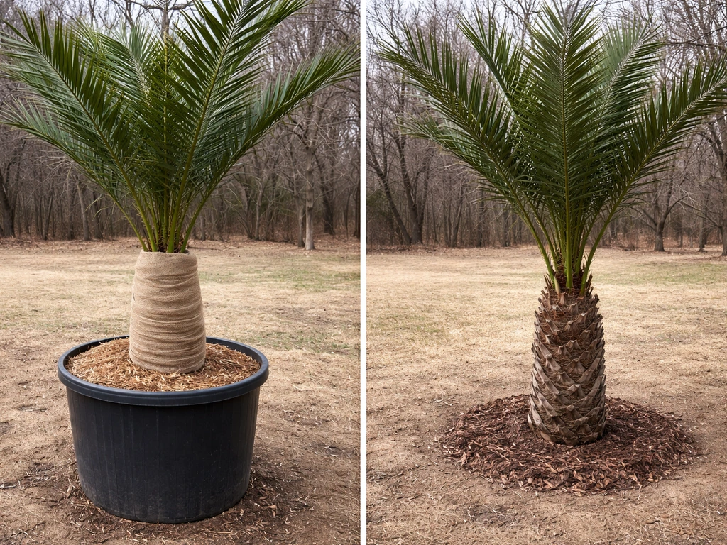Date palm showing two winter conditions: one in a container protected with mulch, one planted exposed in soil.