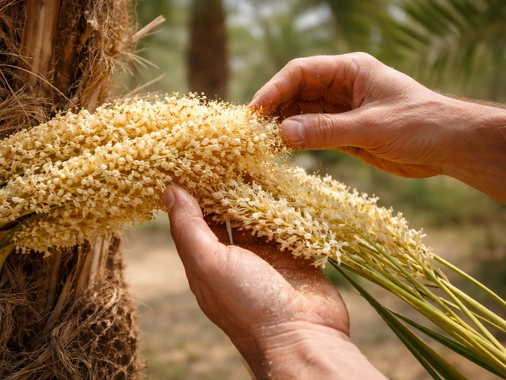 Close-up of hands gently applying pollen from a male date palm inflorescence to a female flower