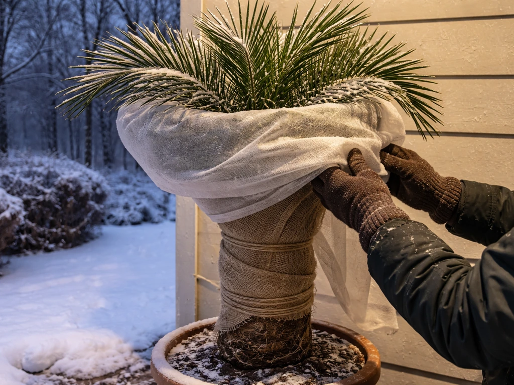 Gloved hands wrapping a container date palm with burlap to protect the top meristem during a freeze.
