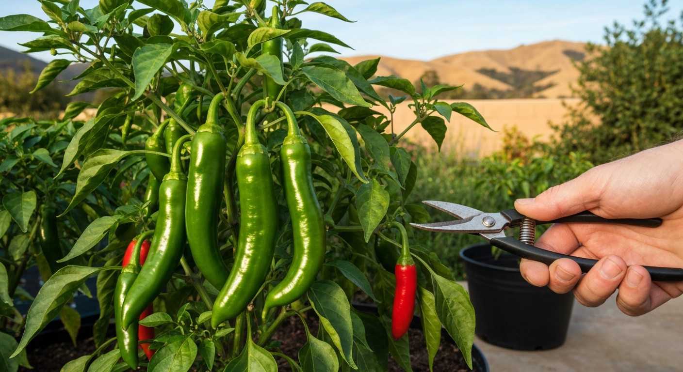 Close-up of a Hatch-type chile plant with long green pods in a sunny California garden; gardener’s hand with shears about to harvest a pod.