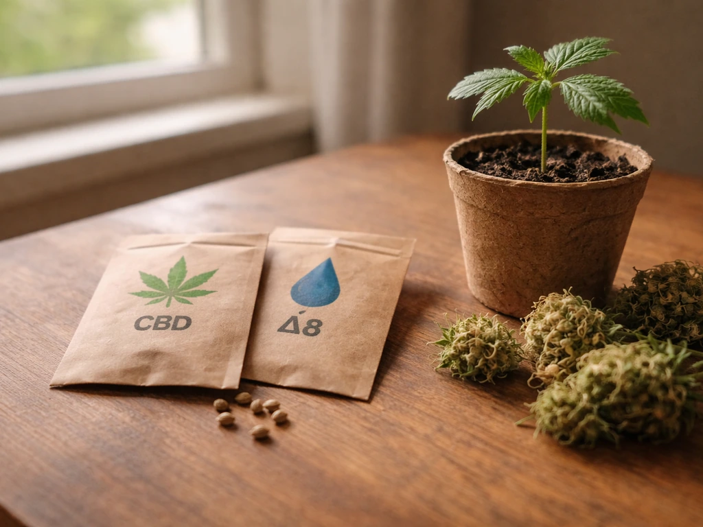 Generic CBD/delta-8 seed packets beside a potted hemp seedling and dried hemp buds on a tabletop.