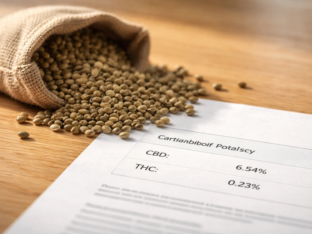 Close-up of hemp seed product packaging beside a document showing a cannabinoid potency panel