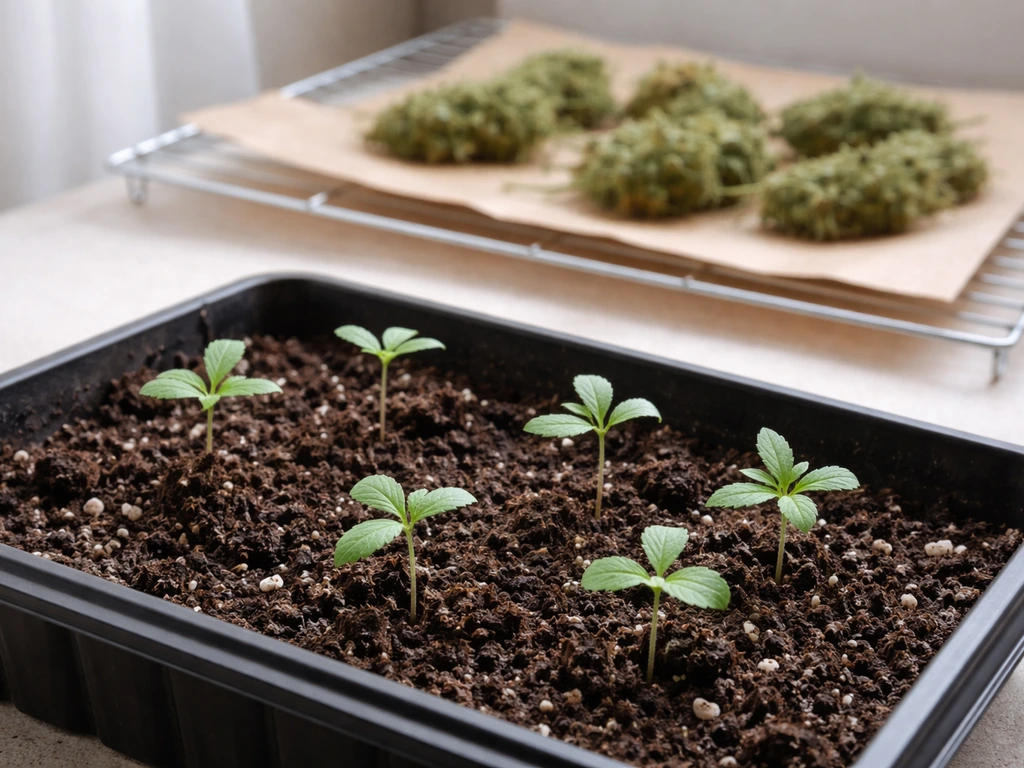 Seedlings in a soil tray with hemp flower clusters drying in the background on a simple rack.