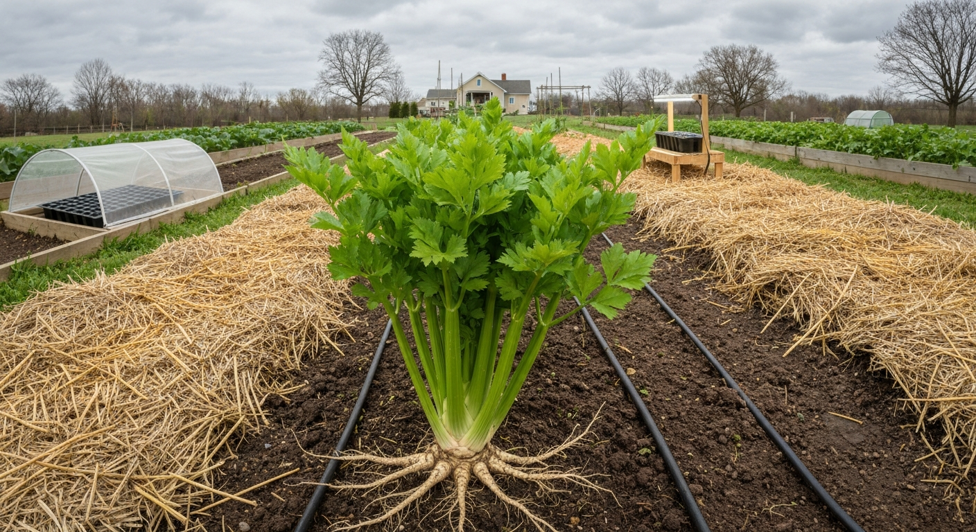 Raised-bed Indiana garden with healthy celery plants, celeriac roots, drip irrigation, mulch, and a seed-start tray on a potting bench.