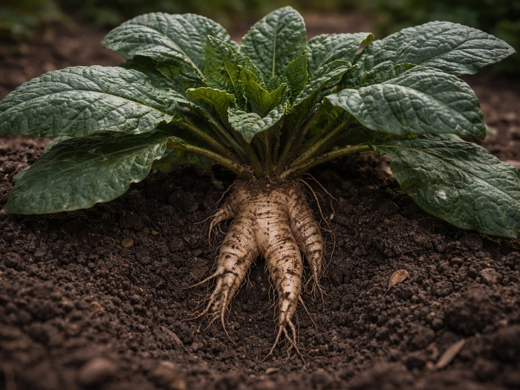 Mature mandrake plant in a deep, well-drained soil bed with leaves and surrounding earth visible.