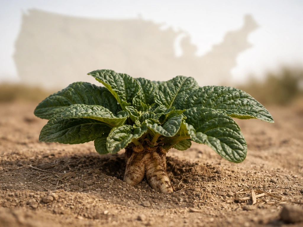 Close-up of Mediterranean mandrake plant in dry soil with a subtle US map silhouette in the background.