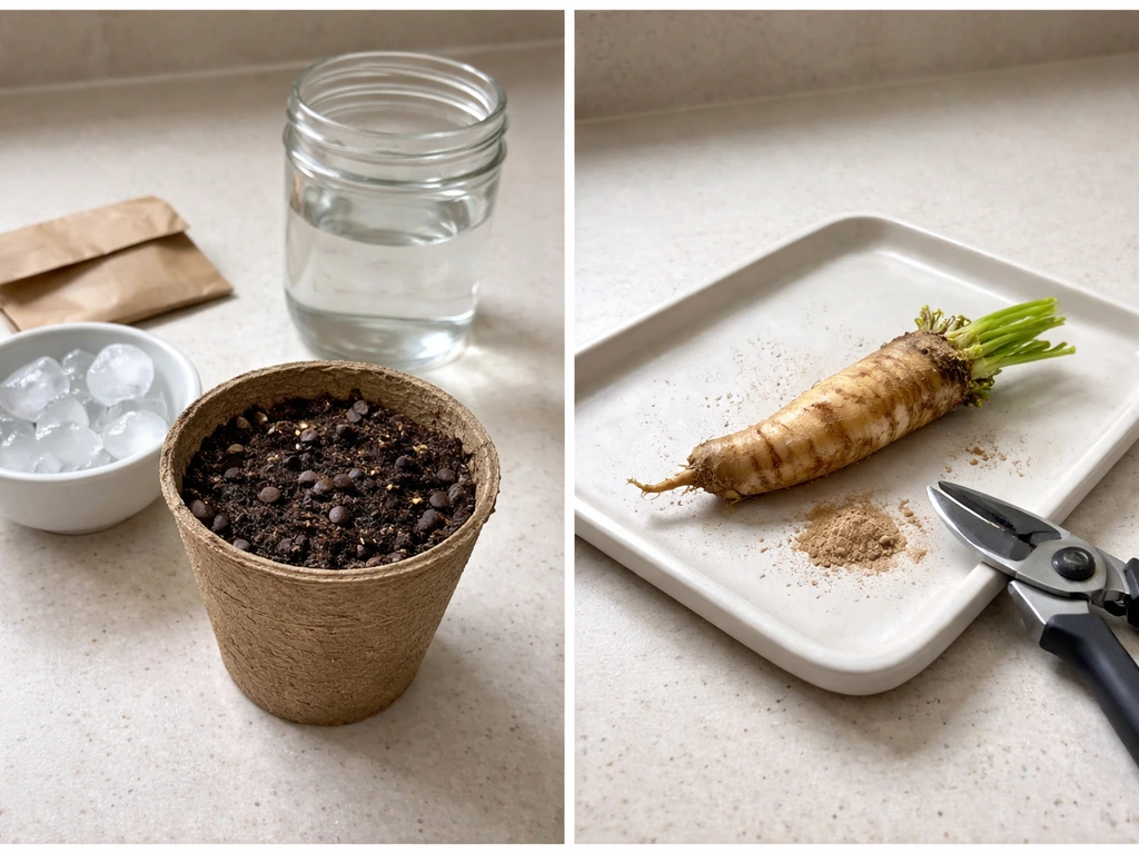 Minimal two-panel photo showing mandrake seeds and stratification setup versus a root cutting prepared for planting.