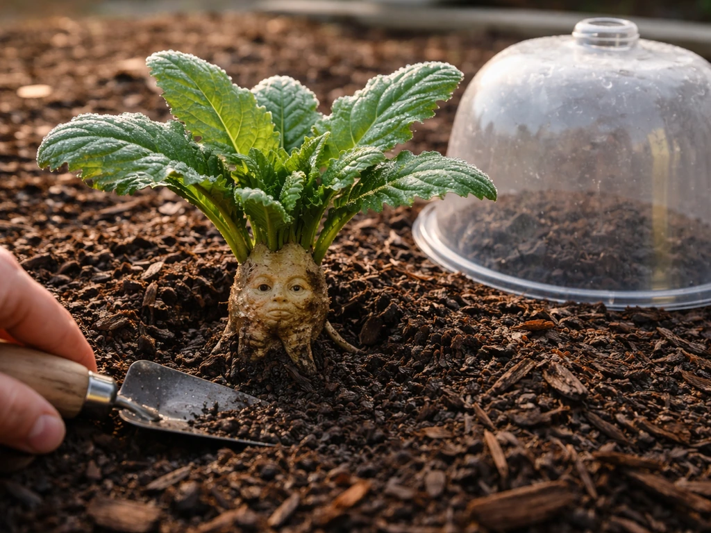 Mandrake plant in a garden bed with dark mulch and moist soil, guarded from cool-season chill