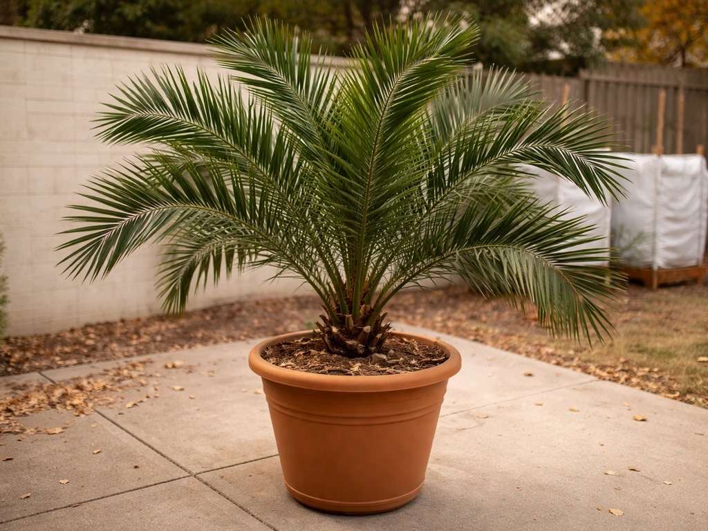 Date palm in a large pot on a Michigan patio with winter cover materials in the background