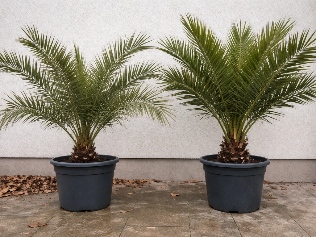 Two different potted date palms side-by-side on an outdoor patio, showing distinct frond shapes.