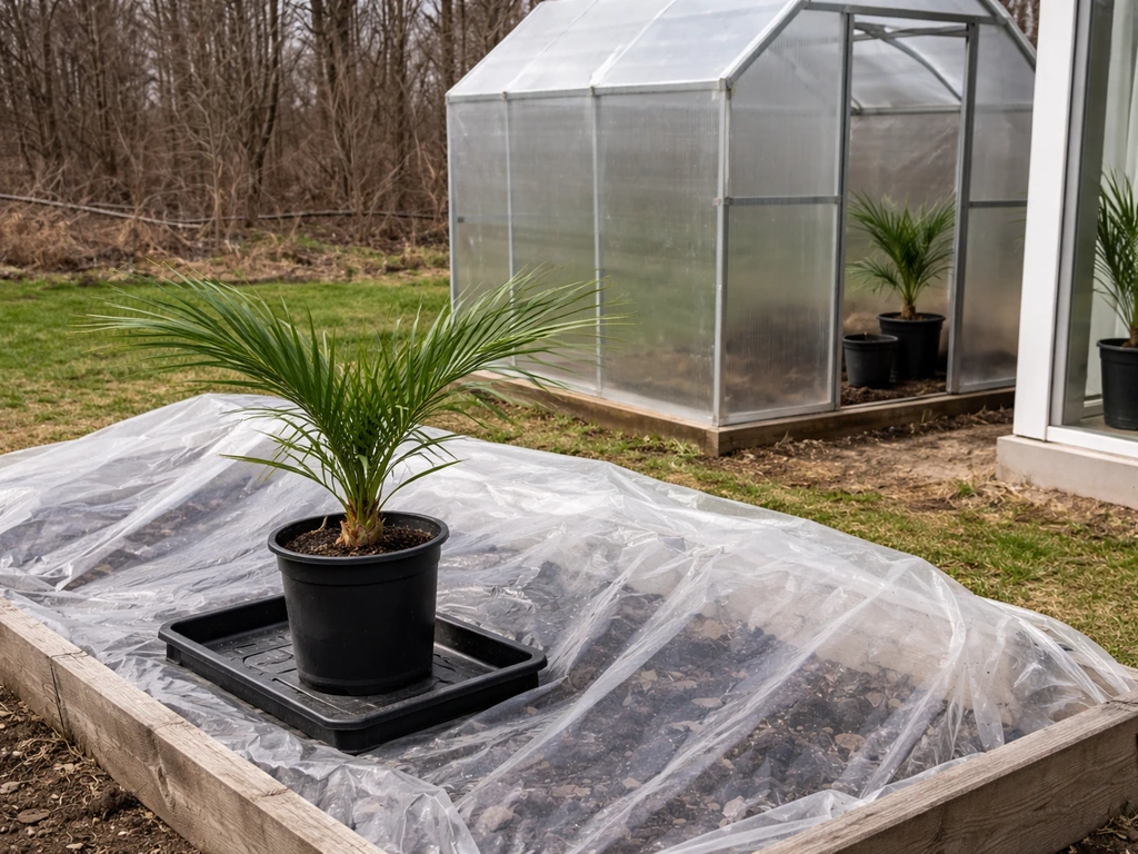Raised bed with clear winter plastic, a small greenhouse, and a container date palm by a window