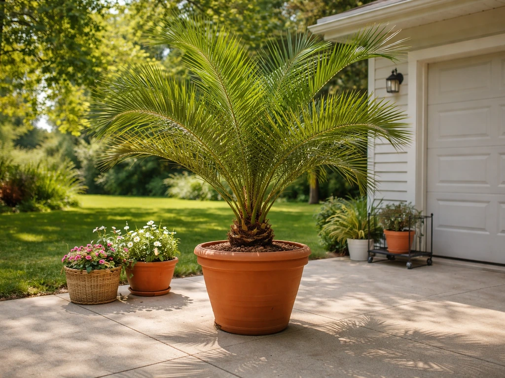 Date palm in a large patio container with a nearby path suggesting moving it indoors for winter.